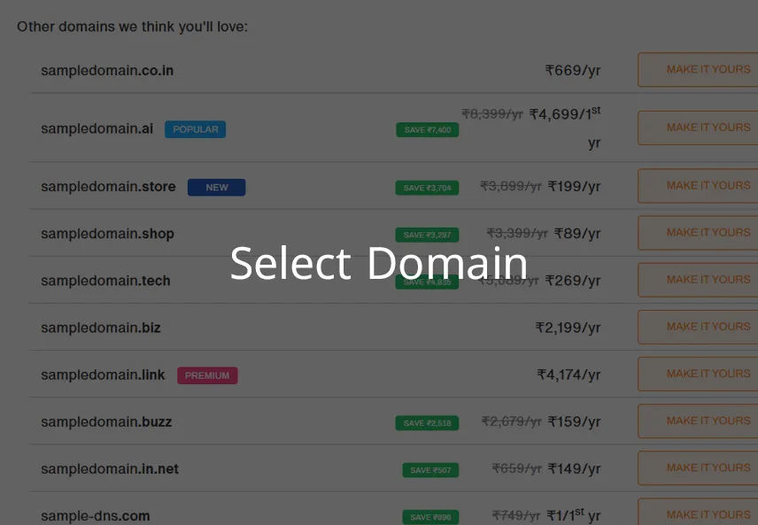 Domain search result page