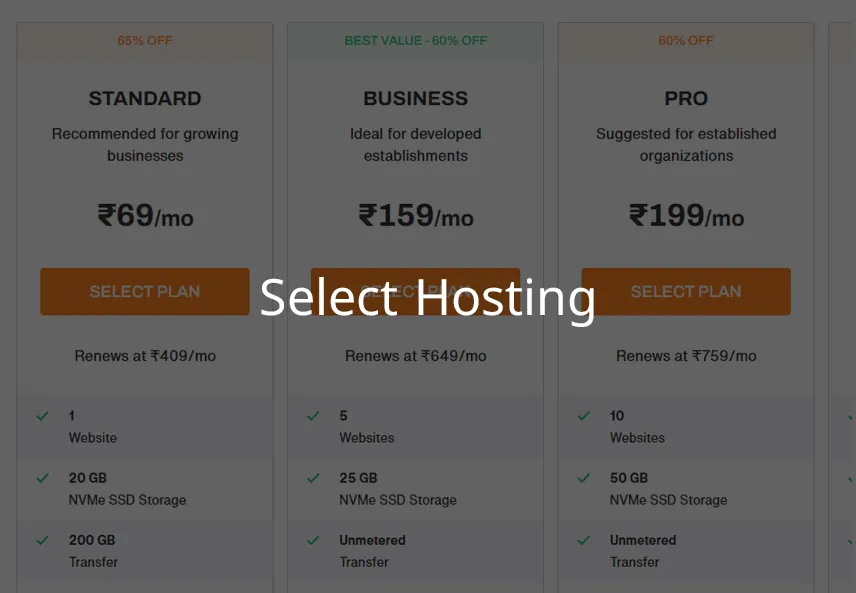 Hosting plan selection page